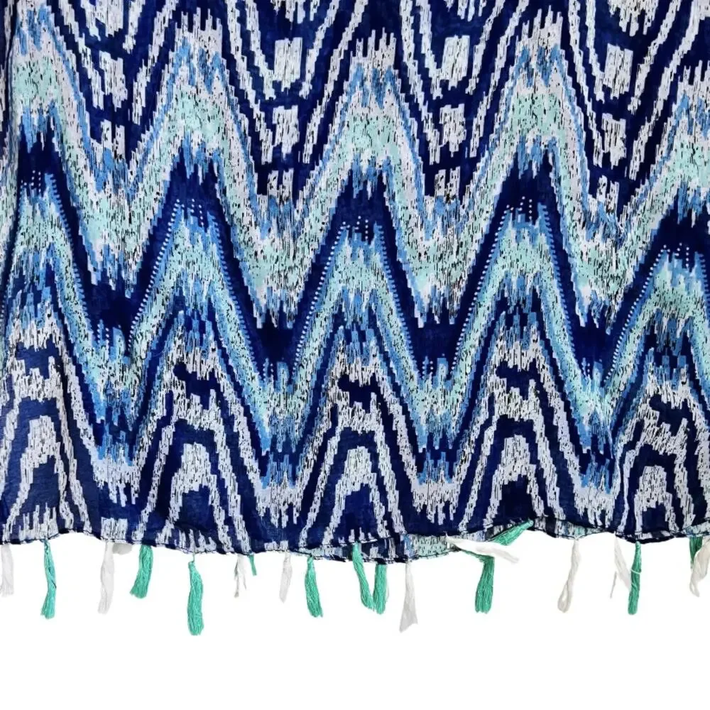Blue Teal White Sheer Tasseled Zig Zag Geometric Scarf 40